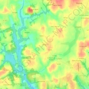 Mapa topográfico Kergac, altitude, relevo