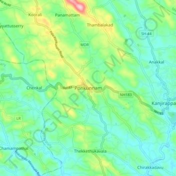 Mapa topográfico Ponkunnam, altitude, relevo