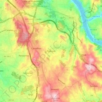 Mapa topográfico Pedroso, altitude, relevo