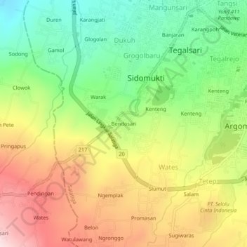Mapa topográfico Bendosari, altitude, relevo