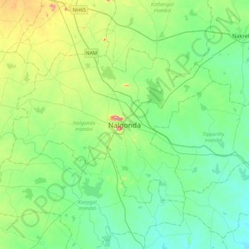 Mapa topográfico Nalgonda, altitude, relevo