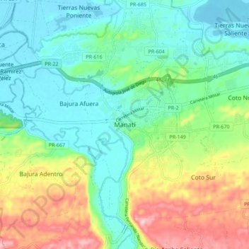 Mapa topográfico Manatí, altitude, relevo