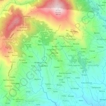 Mapa topográfico Chiesa, altitude, relevo
