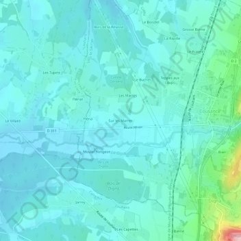 Mapa topográfico Sur les Marres, altitude, relevo