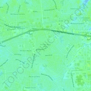 Mapa topográfico Princess Anne Plaza, altitude, relevo