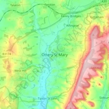 Mapa topográfico Ottery St Mary, altitude, relevo