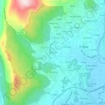 Mapa topográfico A Barrosa, altitude, relevo