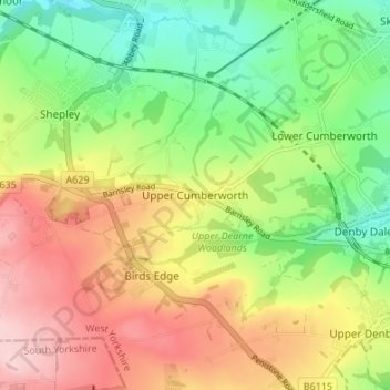 Mapa topográfico Upper Cumberworth, altitude, relevo