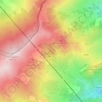 Mapa topográfico Montepiano, altitude, relevo