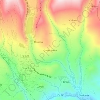 Mapa topográfico Quellocancha, altitude, relevo