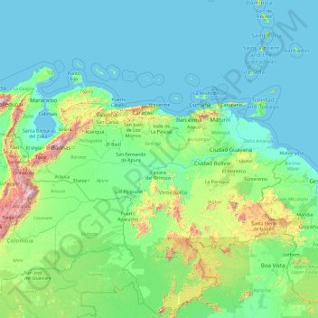 Mapa topográfico Venezuela, altitude, relevo