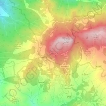 Mapa topográfico La Verna, altitude, relevo
