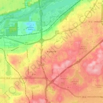 Mapa topográfico Burnsville, altitude, relevo