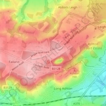 Mapa topográfico Audley Redwood, altitude, relevo