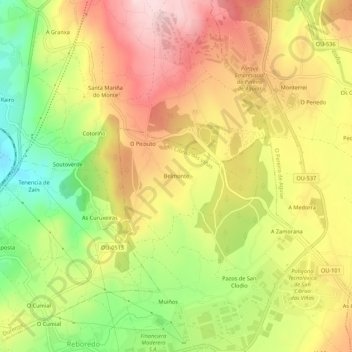 Mapa topográfico Belmonte, altitude, relevo