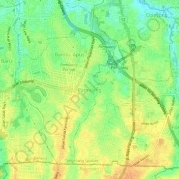 Mapa topográfico Pamulang, altitude, relevo