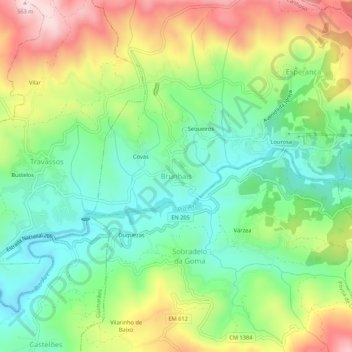 Mapa topográfico Brunhais, altitude, relevo