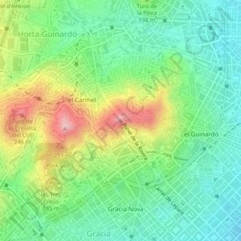 Mapa topográfico Turó de la Rovira, altitude, relevo