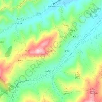 Mapa topográfico Vigoleno, altitude, relevo