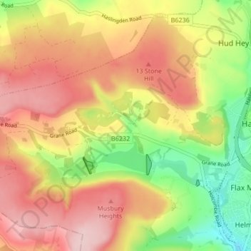 Mapa topográfico Haslingden Grane, altitude, relevo