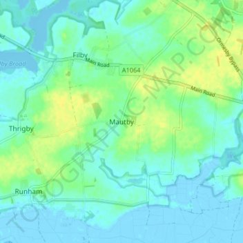 Mapa topográfico Mautby, altitude, relevo