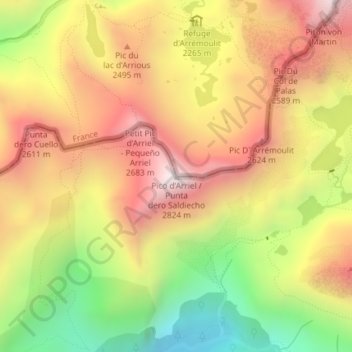 Mapa topográfico Pic d'Arriel, altitude, relevo