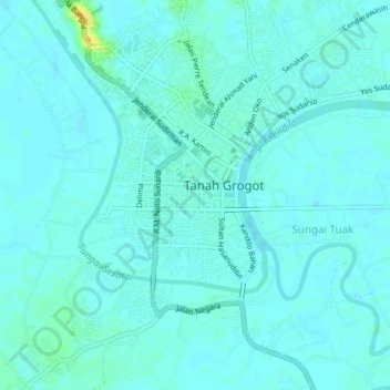 Mapa topográfico Tanah Grogot, altitude, relevo