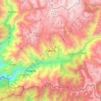 Mapa topográfico Tawang, altitude, relevo