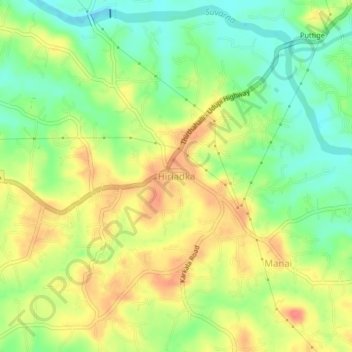 Mapa topográfico Hiriadka, altitude, relevo