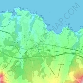 Mapa topográfico Llóngara, altitude, relevo