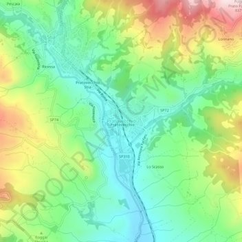 Mapa topográfico Pratovecchio, altitude, relevo