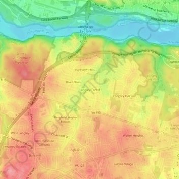 Mapa topográfico Langley Forest, altitude, relevo