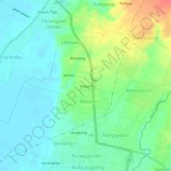 Mapa topográfico Krajan, altitude, relevo