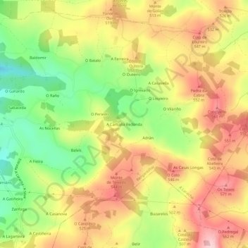 Mapa topográfico A Carballa Redonda, altitude, relevo
