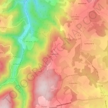 Mapa topográfico Beaumont, altitude, relevo
