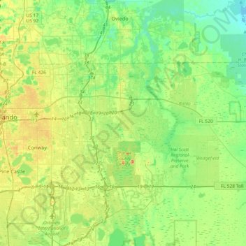 Mapa topográfico Alafaya, altitude, relevo