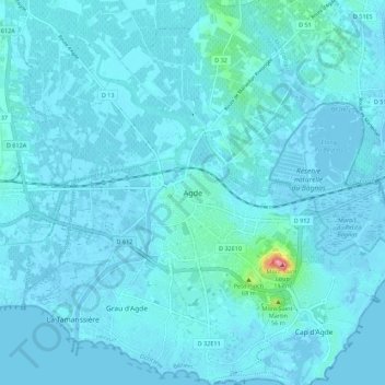 Mapa topográfico Agde, altitude, relevo