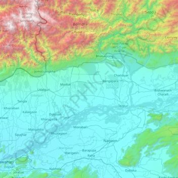 Mapa topográfico Darrang, altitude, relevo