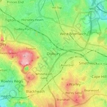Mapa topográfico Oldbury, altitude, relevo