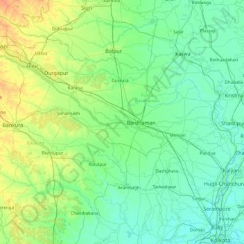 Mapa topográfico Barddhamān, altitude, relevo