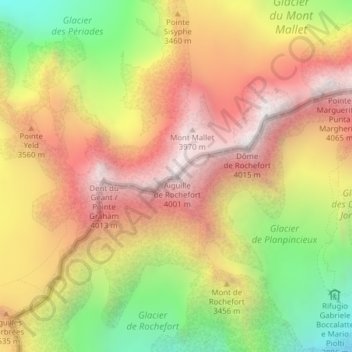 Mapa topográfico Aiguille de Rochefort, altitude, relevo