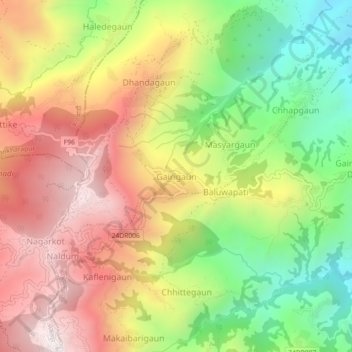 Mapa topográfico Gairigaun, altitude, relevo