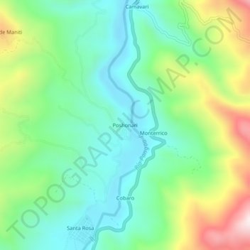 Mapa topográfico Poshonari, altitude, relevo
