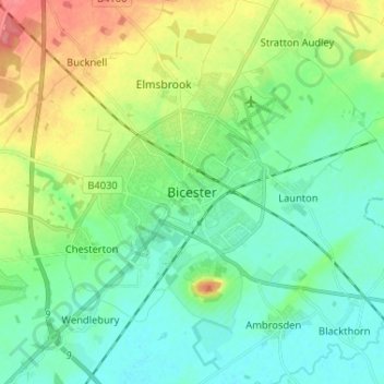 Mapa topográfico Bicester, altitude, relevo