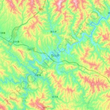 Mapa topográfico 竹山县, altitude, relevo