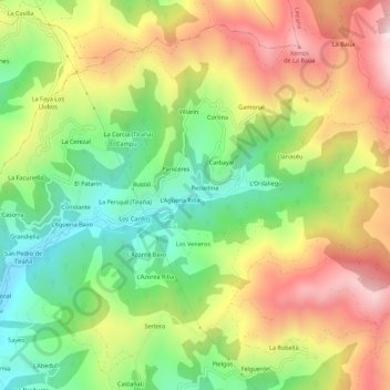 Mapa topográfico Les Cabañes, altitude, relevo