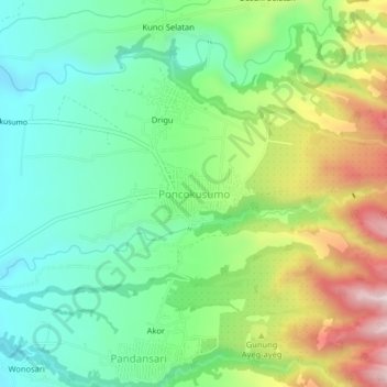 Mapa topográfico Poncokusumo, altitude, relevo