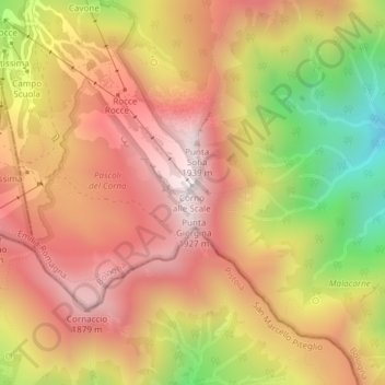 Mapa topográfico Corno alle Scale, altitude, relevo