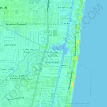 Mapa topográfico Santa Barbara Shores, altitude, relevo