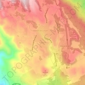 Mapa topográfico Angwin, altitude, relevo